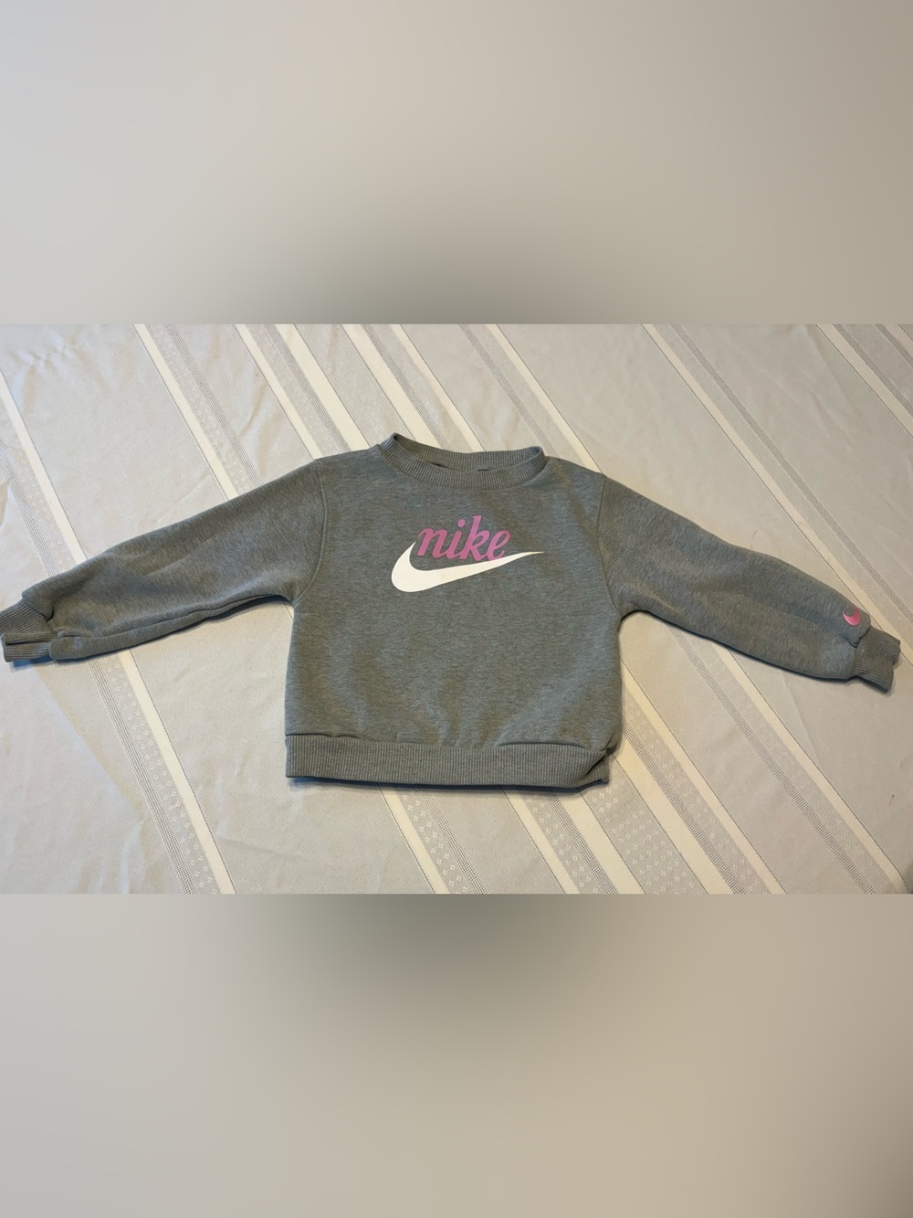 Nike Kids Heather Gray Crew Sweatshirt with White Swoosh and Pink Script